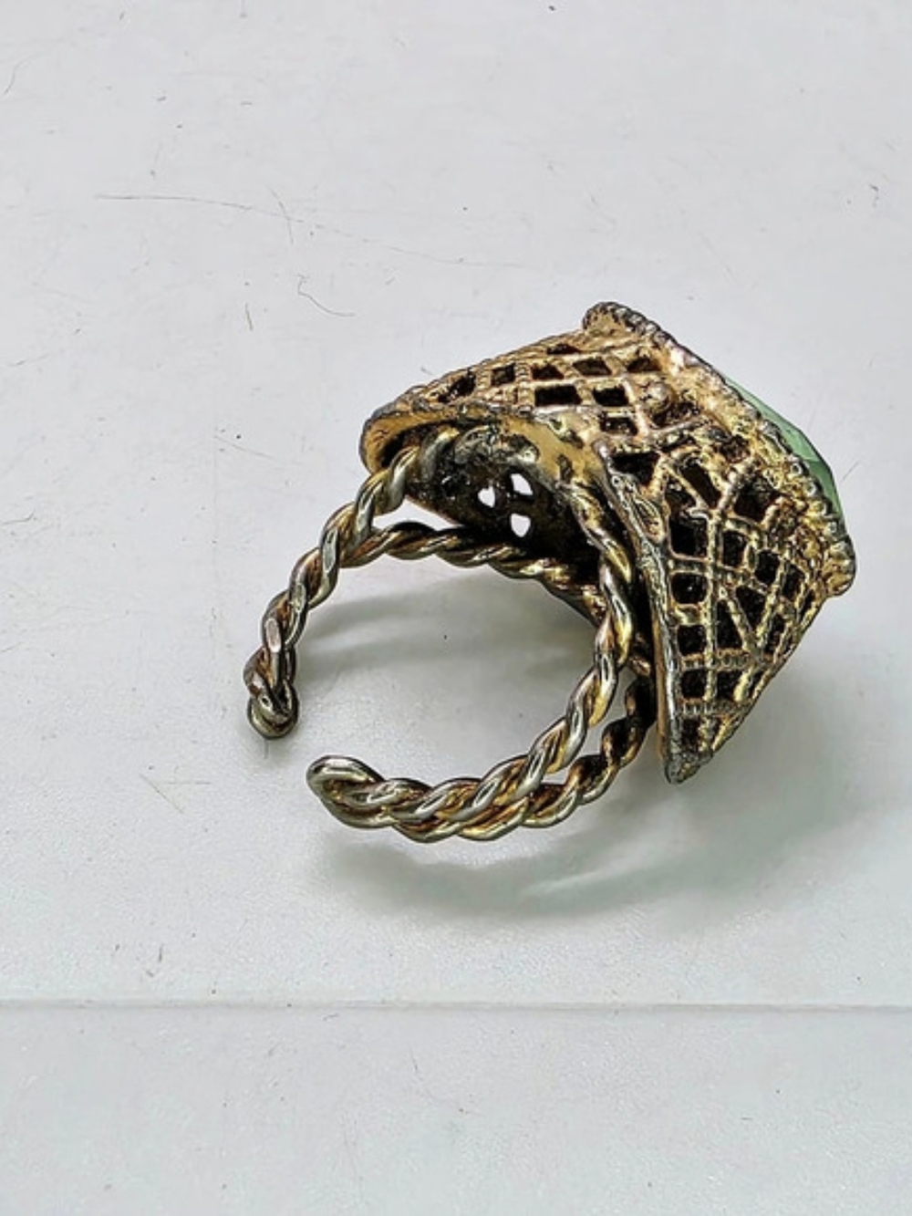 Vintage Uranium Glass Oval Green Stone Filigree Cage Statement Ring Adjustable
